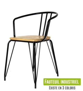 Fauteuil Industriel noir métal et bois - lot de 2-HD3535